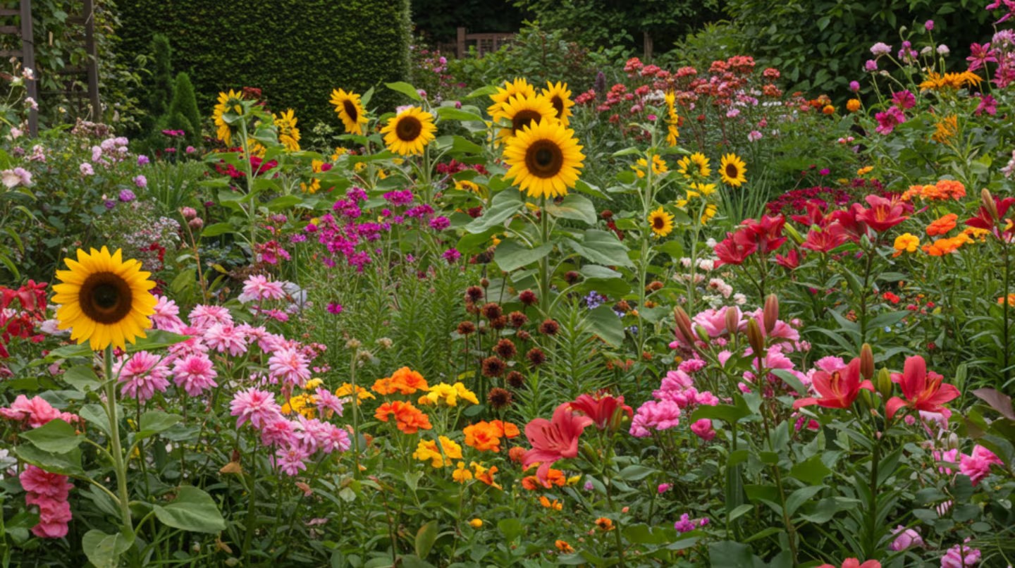Jardín florido con girasoles y flores de colores